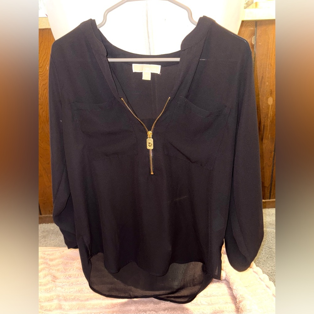 Michael Kors Black Zippered 3/4 Sleeve Blouse